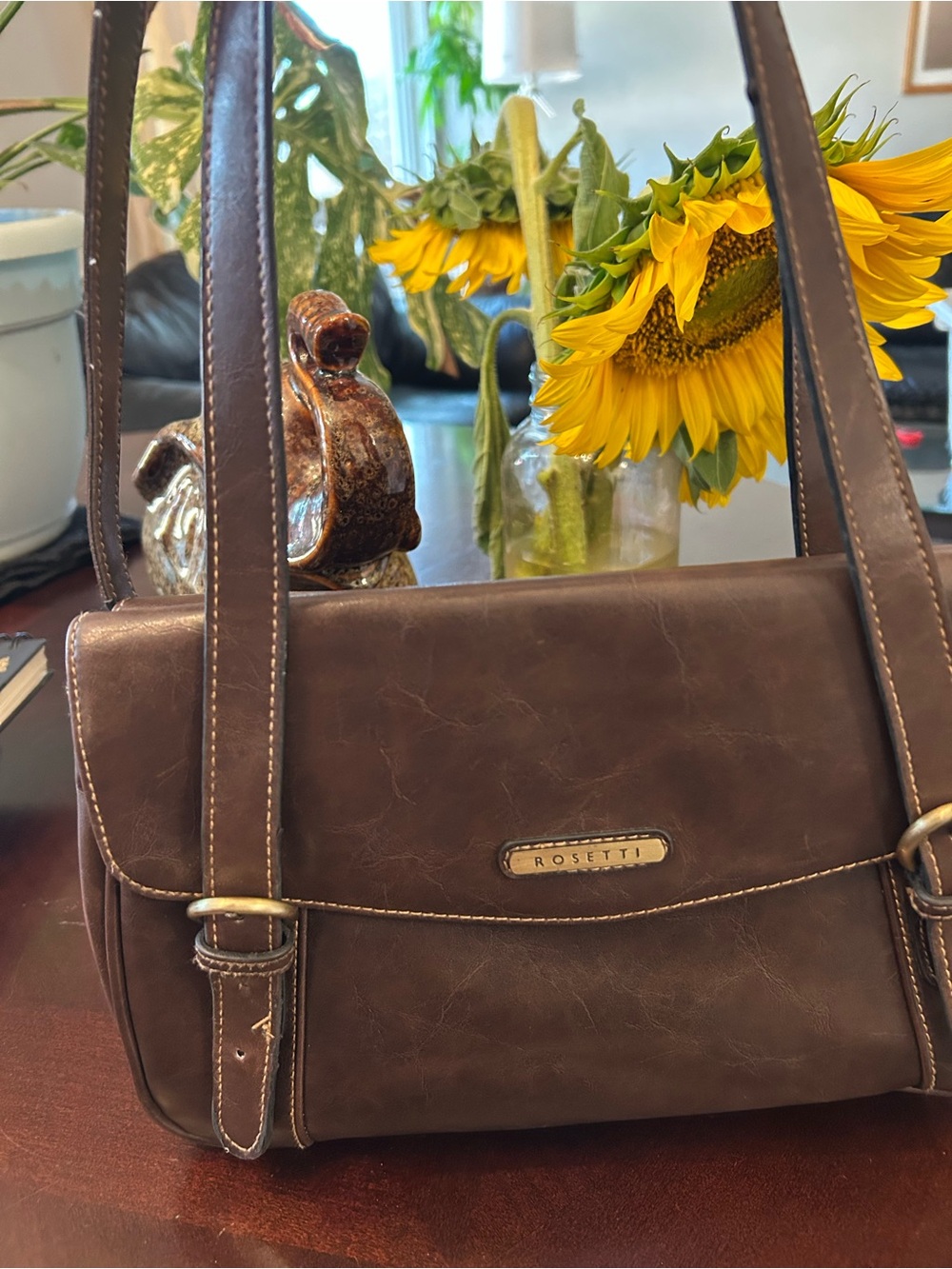 Rosetti Dark Brown Leather Shoulder Bag with Contrast Stitching